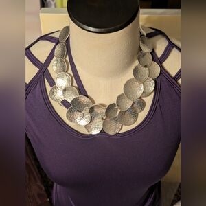 Robert Lee Morris SOHO Hammered Silver Disc Bib Necklace Brown Leather